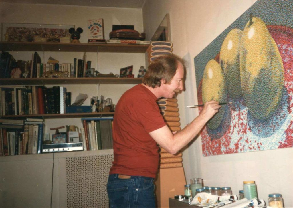 Jerry wilkerson painting in his studio, pointillism pear